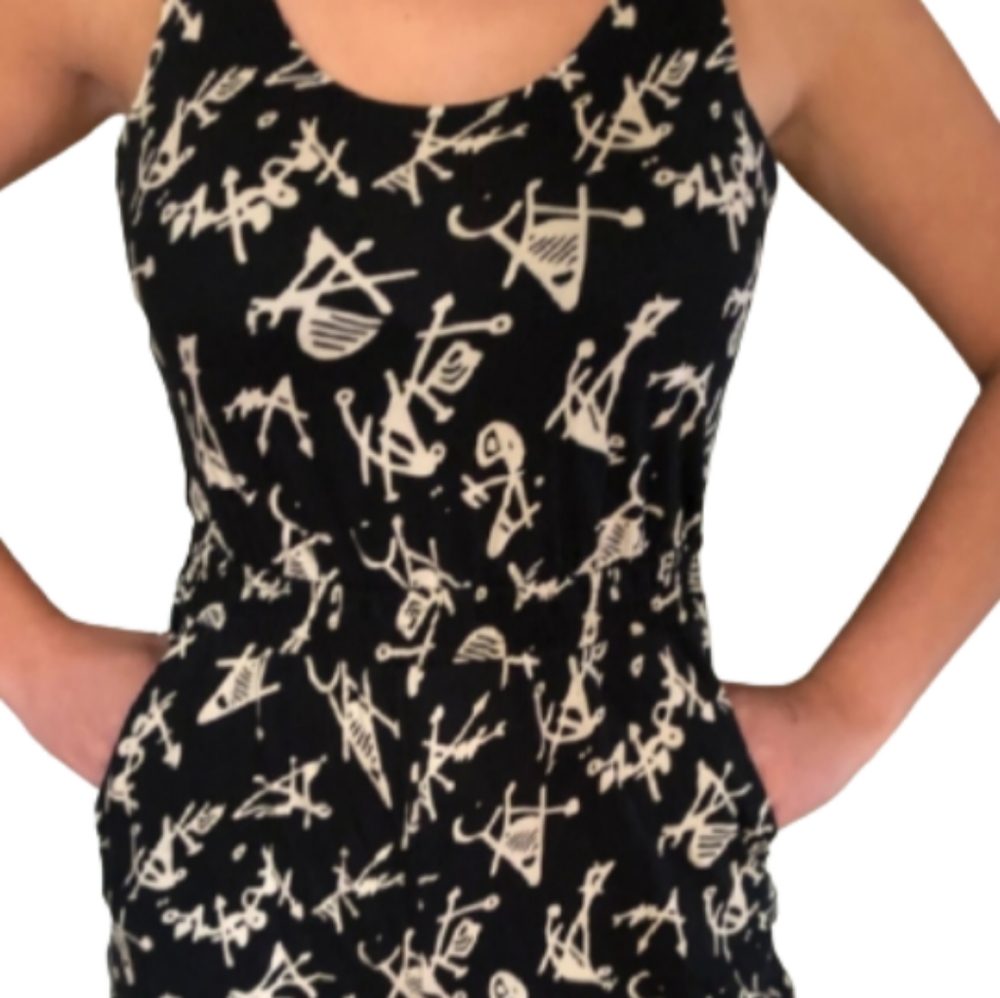 Hieroglyphic Print Short Romper Black White Small